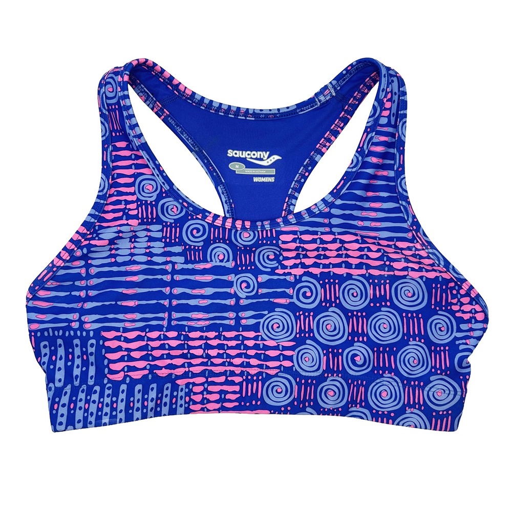 SAUCONY Retro 80's Print Racerback Sports Bra • Medium • blue, pink